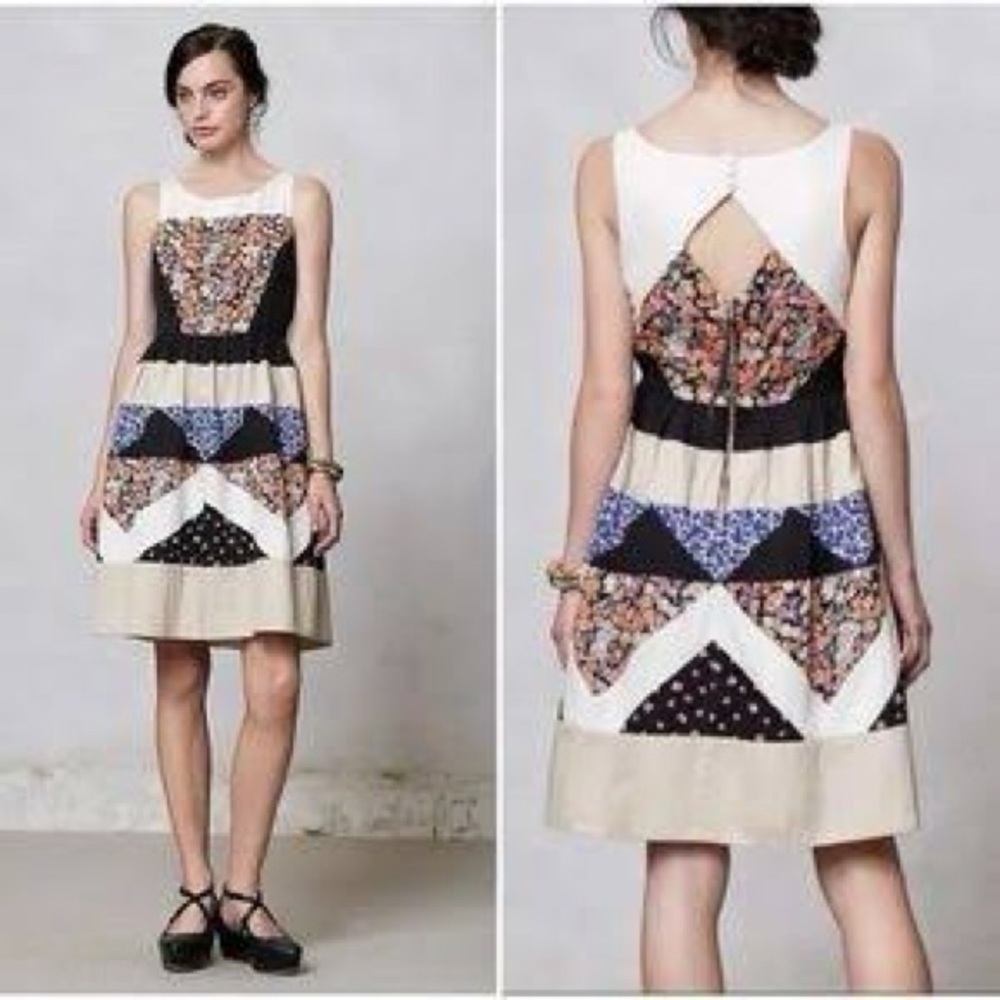Anthropologie Patchwork Sleeveless A-Line Dress in Cream, Black, Blue